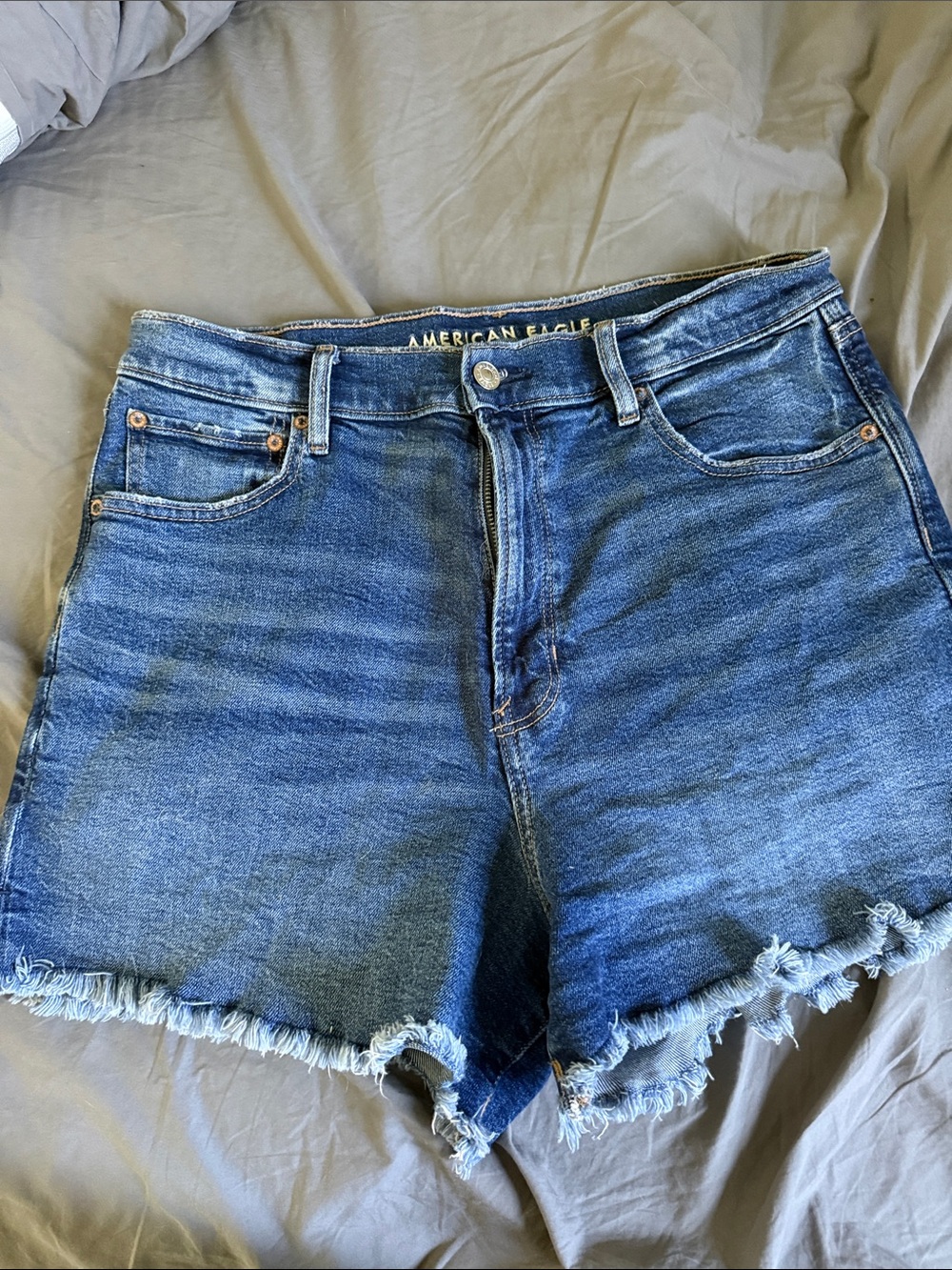 American Eagle Outfitters Dark Blue High-Rise Raw Hem Jean Shorts